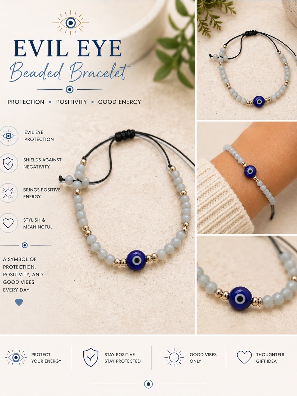 Evil Eye Beaded Bracelet - Blue and Light Gray -